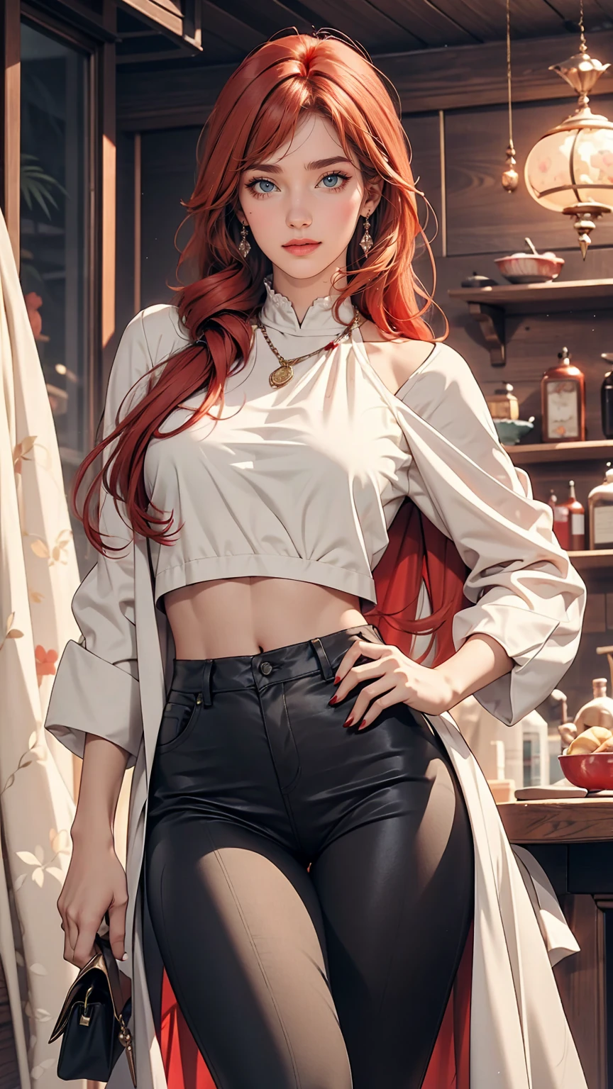 Blue delicate eyes, Embarrassing, Blushing、Red hair、White woman、Sexy proportions、Wear a clock top、Wear low rise leggings、