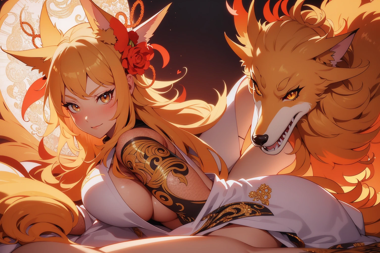REALISTIC VISION 1.4, BETTER VAE,sharp focus, ultra detail, 32k,realistic photo, intricate details, kitsune, blond hair, (blond hair), gold eyes, intricate details ,woman, nine tails, intricate details,intricate details,big , Voluptuous body, intricate details, Miko, clothes long white dress with red details intricate details, tattoos intricate details, full body, with a orange nine tails fox , kiuubi (kurama, naruto), angry face, laying on the ground
