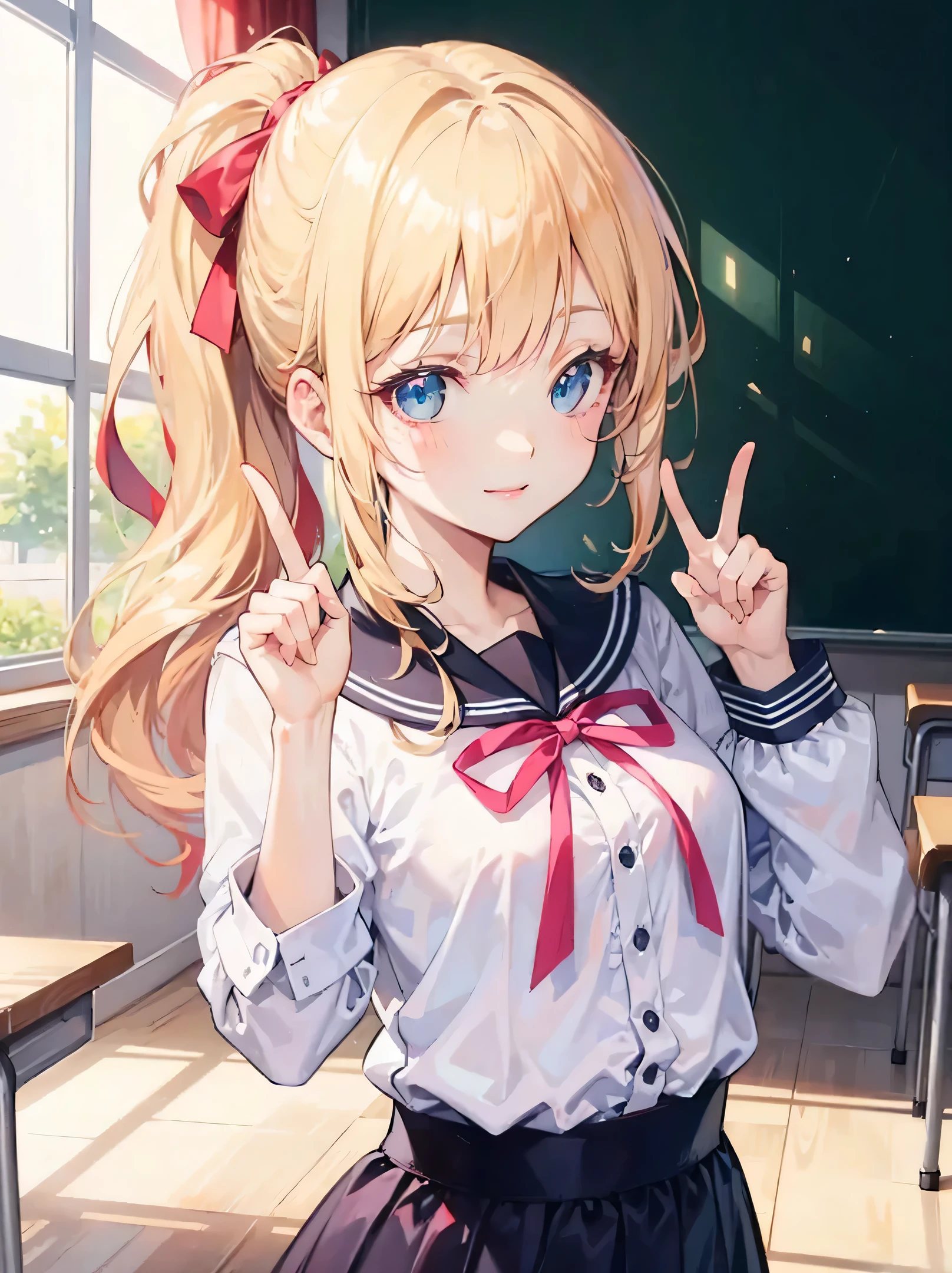 Masterpiece, best quality, high quality, very detailed CG uniform 8k wallpaper, detailed eye, sharp colors, high saturation, sunlight, shiny hair, classroom, floor, 1girl, main character, beautiful face, cute face, blush, pink lips, cheerful, happy expression, smile, blonde hair, blue eyes, hair ribbon, ponytail, cute pose, 2 finger pose, looking at camera, upper body