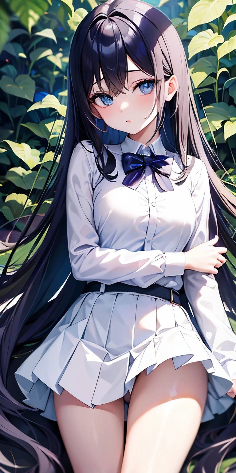 Girl surrounded by anime style butterflies with pale skin, cabello largo y plateadoy lacio  , ojos azules ,pupilas azules brillantes.
Vestida con Ropa (camisa blanca con detalles  dorados ,falda short  negra)
Rasgos distintivos: Marca en forma de mariposa en el cuello y marca  del numero 39

