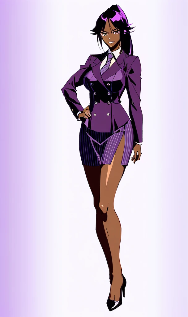  Yoruichi as a thin Black business woman in a double breasted pinstripe purple  skirt suit while wearing a tie with a knee long purple pinstripe skirt full body 
