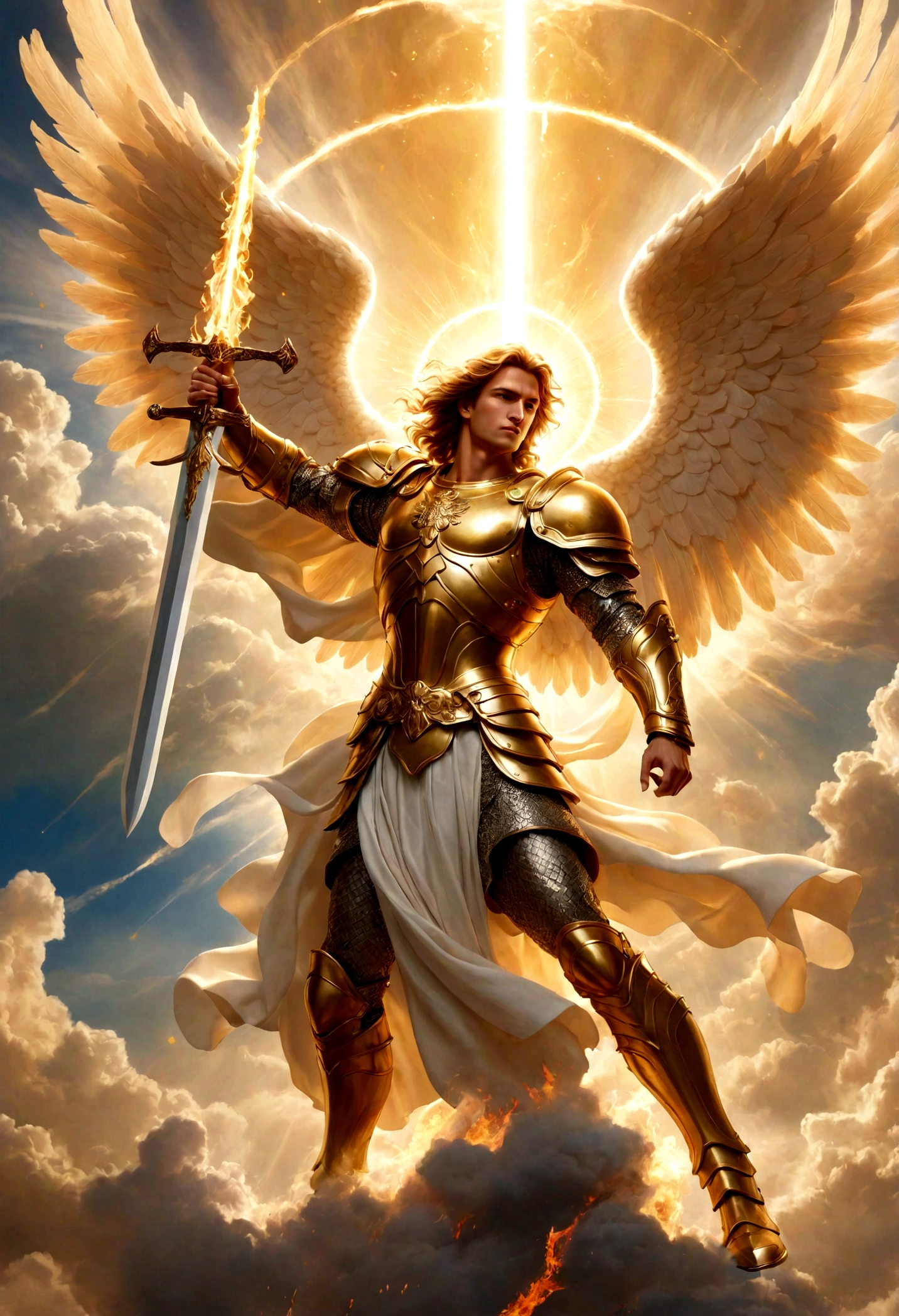 Create an image of Archangel Michael in the middle of a celestial battle. Miguel, vestido con una armadura resplandeciente, he holds a flaming sword in one hand and a radiant shield in the other. His expression is calm but determined as he faces hordes of demons that writhe and fade before his divine power.. The sky behind him is illuminated by heavenly light, y se vislumbran destellos de otras figuras angelicales luchando en la distancia. The scene is full of energy and dynamism, transmitting the strength and protection that Archangel Michael represents for believers