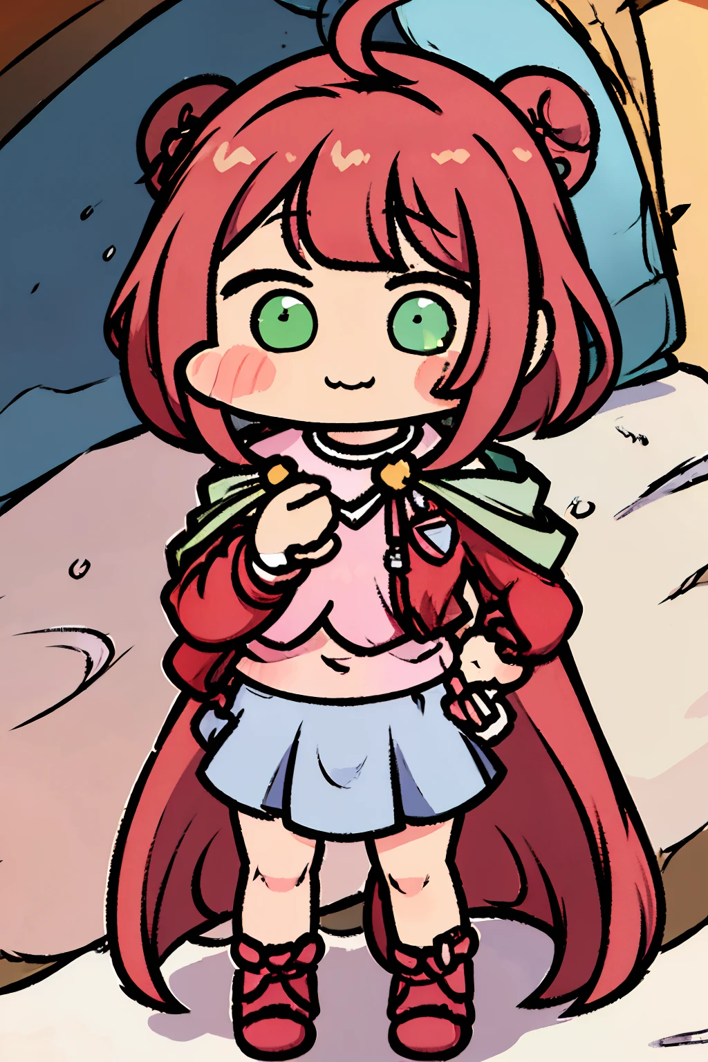 Chibi style drawing of a cute girl smiling doing a cute pose, wearing a blue blouse and pink skirt, brown hair and green eyes, chibi style full body