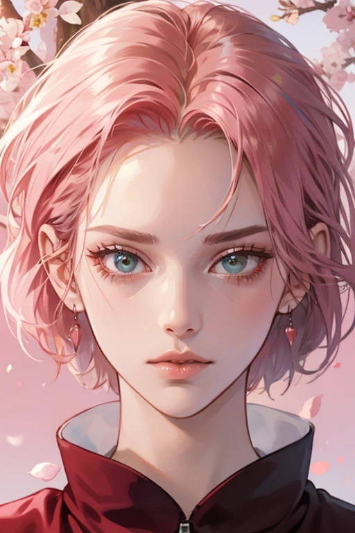 young woman, bubblegum pink hair tied in a bun, wide forehead, porcelain skin, pink eyebrows, emerald green eyes, upturned nose, thick pink lips, heart-shaped face, dark red clothes, Sakura Haruno, realism, well detailed, 3d
