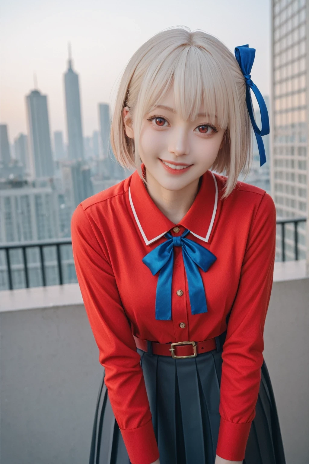 score_9, score_8_up, score_7_up, BREAK, 
best quality, masterpiece, realistic, score_9, score_8_up, score_7_up, hisatonishikigi, chisato nishikigi, short hair, bangs, blonde hair, red eyes, hair ribbon, one side up, bob cut,shirt, long sleeves, dress, ribbon, white shirt, collared shirt, belt, neck ribbon, red dress, blue ribbon, pleated dress, grey dress, two-tone dress, red belt, lycoris uniform,outdoors, cityscape, smile, bent over,looking at viewer, dutch angle, cowboy shot