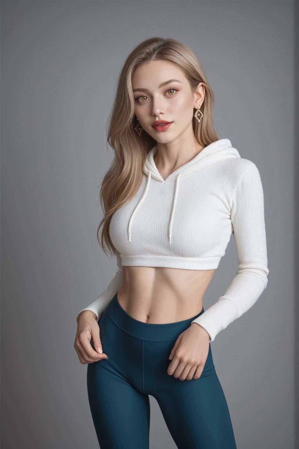 score_9, score_8_up, score_7_up, BREAK,
 best quality, masterpiece, realistic,  1girl, High-waisted leggings, crop top, and lightweight hoodie, Siren, Tall, in shape, Diamond-Shaped Face, Fair Skin, Light Brown Hair, Amber Eyes, [[Curved Nose]], Pouty Lips, Prominent Chin, Long Hair, Straight Hair, French Roll, soft breasts, Drop earrings, rust velvet lipstick, leaning backwards, relaxing, excited, Lighting