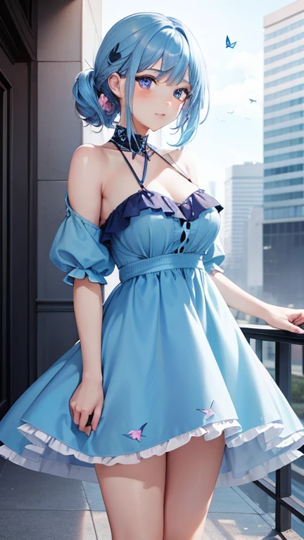 a women, blue butterfly, blue hair, pink eyes, blue dress