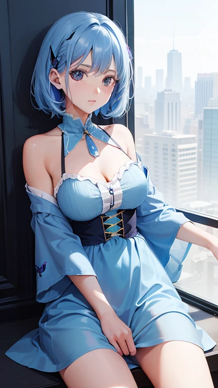 a women, blue butterfly, blue hair, pink eyes, blue dress
