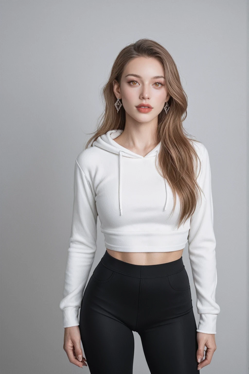 score_9, score_8_up, score_7_up, BREAK,
 best quality, masterpiece, realistic,  1girl, High-waisted leggings, crop top, and lightweight hoodie, Siren, Tall, in shape, Diamond-Shaped Face, Fair Skin, Light Brown Hair, Amber Eyes, [[Curved Nose]], Pouty Lips, Prominent Chin, Long Hair, Straight Hair, French Roll, soft breasts, Drop earrings, rust velvet lipstick, leaning backwards, relaxing, excited, Lighting