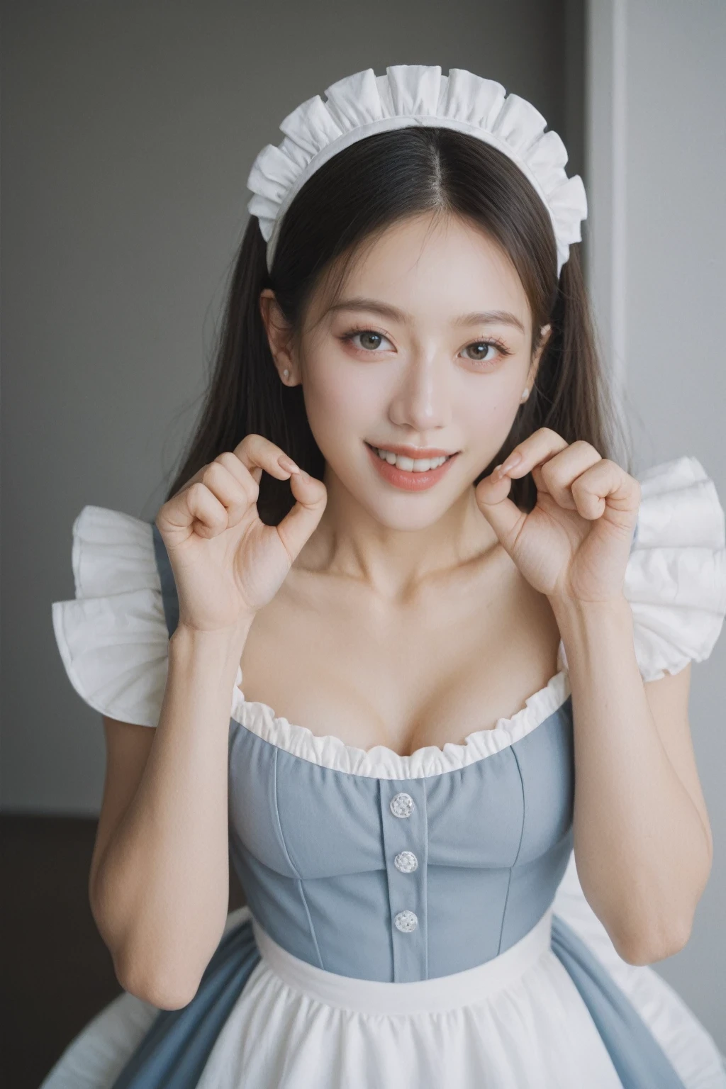 Alave sitting on bed and raising arms、As if Lisa Simpson came back to life, leaked image, leaked photo, at instagram, dilraba dilmurat, ruan cute vtuber, cartoonish cute, Hannah Alisa Omale, Instagram, Larisa Manobal, eva elfie, katelynn mini cute style、huge-breasted、sensual breasts、Sensual body、Glaring eyes、short-cut、Rabbit ear headband、Ground angle、fully body photo、Beautiful feet、Smiling、The background is a fantasy world、Wearing maid clothes、