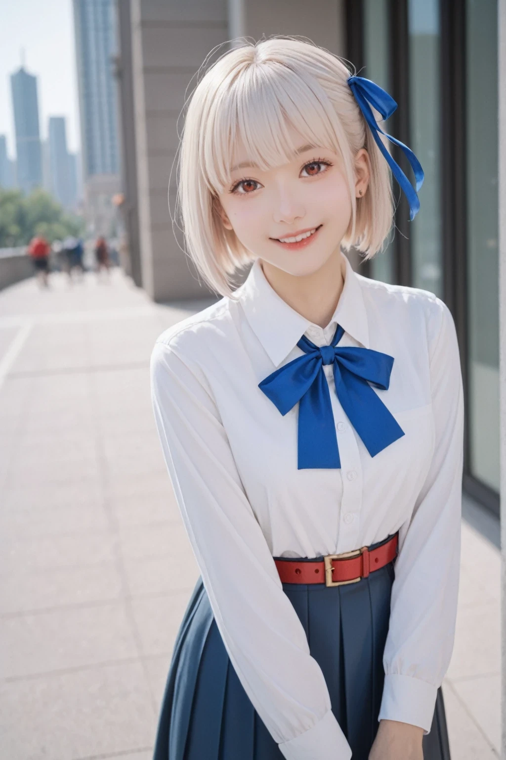score_9, score_8_up, score_7_up, BREAK,
best quality, masterpiece, realistic, score_9, score_8_up, score_7_up, hisatonishikigi, chisato nishikigi, short hair, bangs, blonde hair, red eyes, hair ribbon, one side up, bob cut,shirt, long sleeves, dress, ribbon, white shirt, collared shirt, belt, neck ribbon, red dress, blue ribbon, pleated dress, grey dress, two-tone dress, red belt, lycoris uniform,outdoors, cityscape, smile, bent over,looking at viewer, dutch angle, cowboy shot,,