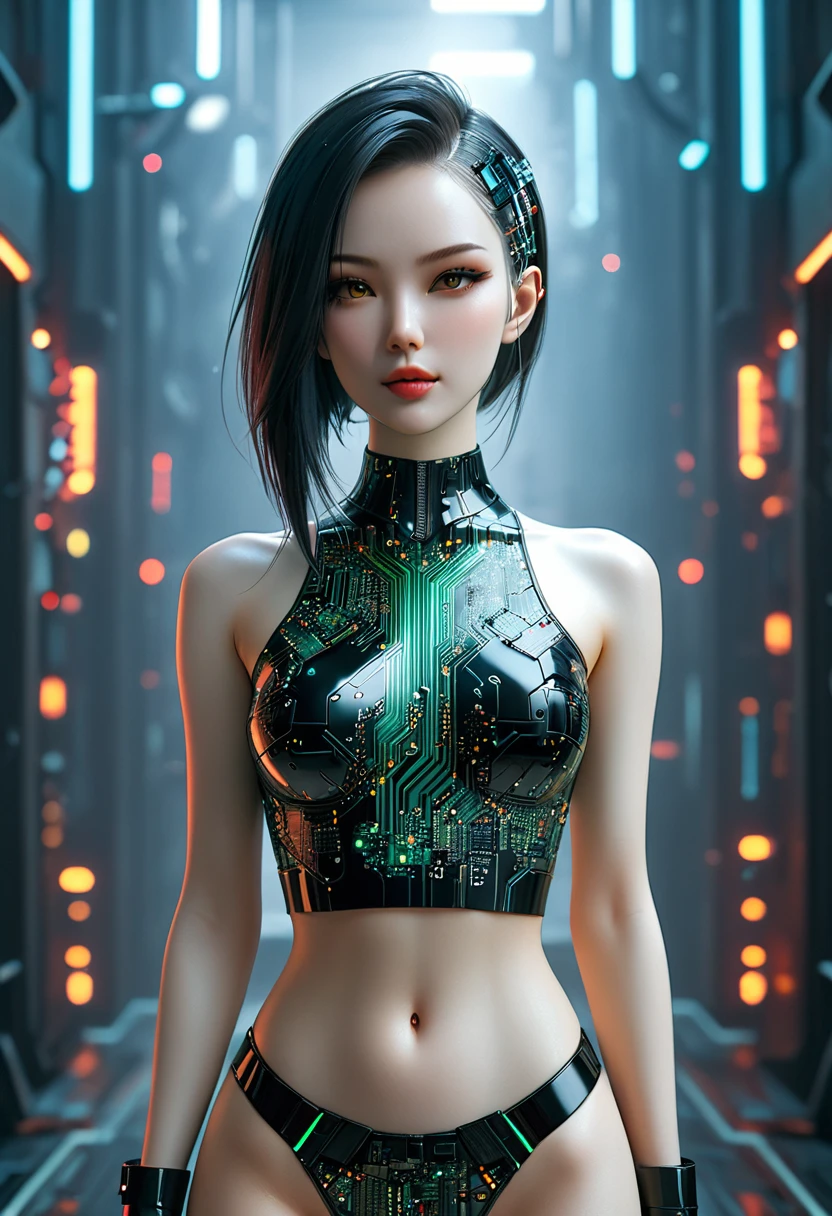 beautiful cyberpunk girl wearing a Futuristic hairpin, (Delicate skin), Pale skin, in a deep neckline, highly detailed sexy Futuristic cyberpunk underpants , black crop top made of circuit boards, Cybernetics, Japanese words with glitter effect, Beautiful epic work, Futuristic, masterpiece, Sensual, is attractive, group photo