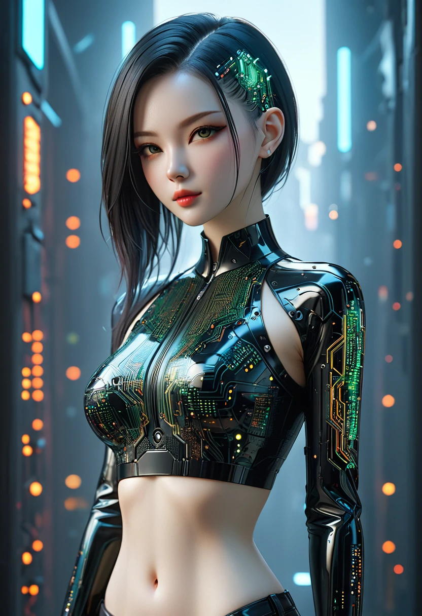 beautiful cyberpunk girl wearing a Futuristic hairpin, (Delicate skin), Pale skin, in a deep neckline, highly detailed sexy Futuristic cyberpunk underpants , black crop top made of circuit boards, Cybernetics, Japanese words with glitter effect, Beautiful epic work, Futuristic, masterpiece, Sensual, is attractive, group photo