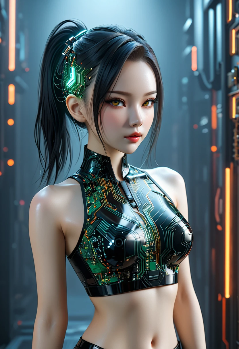 beautiful cyberpunk girl wearing a Futuristic hairpin, (Delicate skin), Pale skin, in a deep neckline, highly detailed sexy Futuristic cyberpunk underpants , black crop top made of circuit boards, Cybernetics, Japanese words with glitter effect, Beautiful epic work, Futuristic, masterpiece, Sensual, is attractive, group photo