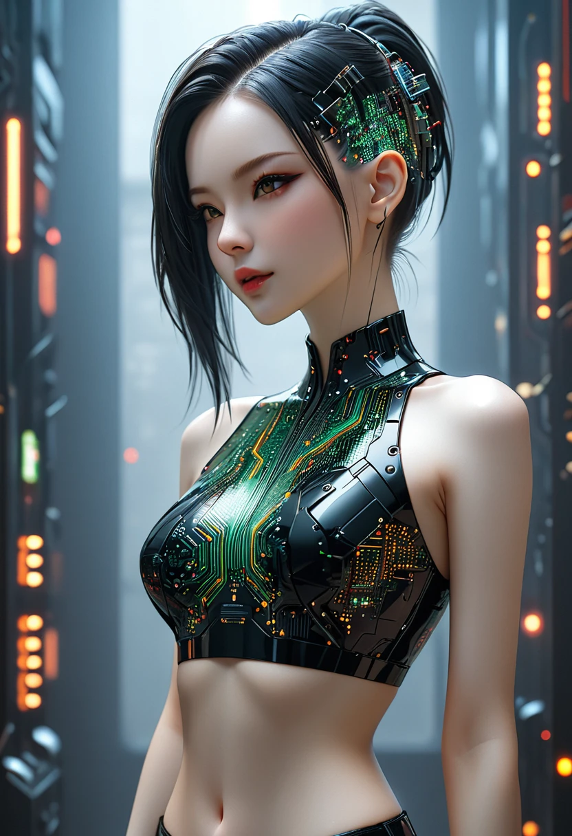 beautiful cyberpunk girl wearing a Futuristic hairpin, (Delicate skin), Pale skin, in a deep neckline, highly detailed sexy Futuristic cyberpunk underpants , black crop top made of circuit boards, Cybernetics, Japanese words with glitter effect, Beautiful epic work, Futuristic, masterpiece, Sensual, is attractive, group photo