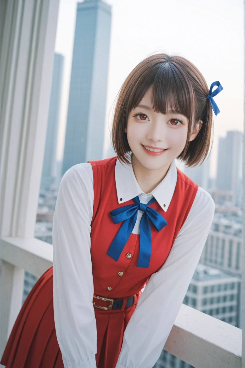 score_9, score_8_up, score_7_up, BREAK,
best quality, masterpiece, realistic, score_9, score_8_up, score_7_up, hisatonishikigi, chisato nishikigi, short hair, bangs, blonde hair, red eyes, hair ribbon, one side up, bob cut,shirt, long sleeves, dress, ribbon, white shirt, collared shirt, belt, neck ribbon, red dress, blue ribbon, pleated dress, grey dress, two-tone dress, red belt, lycoris uniform,outdoors, cityscape, smile, bent over,looking at viewer, dutch angle, cowboy shot,,
