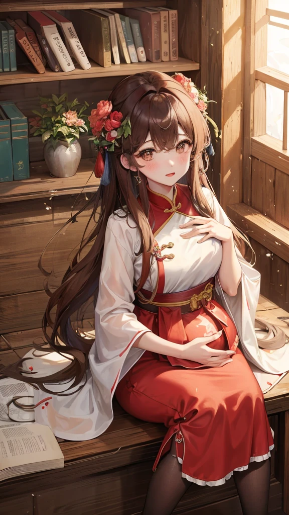 masterpiece, best quality,Five months pregnant, aldult, Chinese style, China, elder sister, Smile, brown hair, princess cut, Full of motherhood,China传统服饰,Pure affection,blush,Dignified yet lively,Mother,Place your hands on your stomach,Full of motherhood,,charming,Graceful and graceful,A thousand flavors,charming,With a royal air,long hair,With hairpins,Long Hanfu,beautiful,beautiful,The hand caressed the belly,charming的,眼神Lovely,Lovely,white pantyhose,Tall and tall
