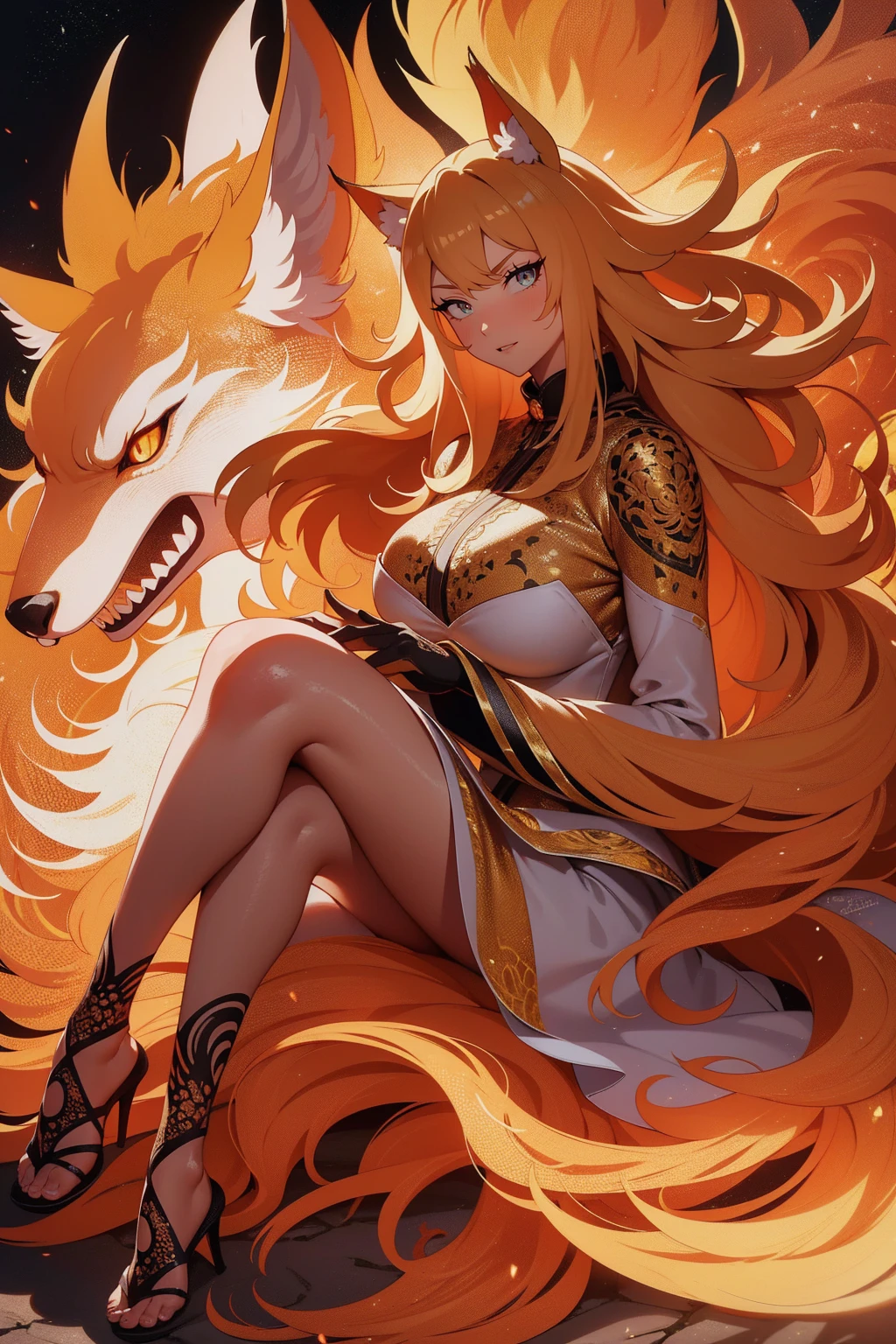 REALISTIC VISION 1.4, BETTER VAE,sharp focus, ultra detail, 32k,realistic photo, intricate details, kitsune, blond hair, (blond hair), gold eyes, intricate details ,woman, nine tails, intricate details,intricate details,big , Voluptuous body, intricate details, Miko, clothes long white dress with red details intricate details, tattoos intricate details, full body, with a orange nine tails fox , kiuubi (kurama, naruto), angry face, sitting on the ground, backwards, looking back