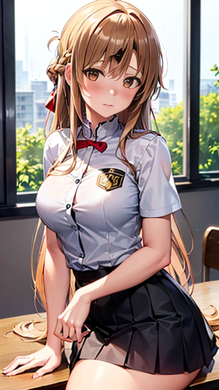 (Best quality, 8k, ultra high res, absurdes:1.2), ( 1girl, beautiful face, beautiful body, aaasuna, long hair, brown hair, braid, brown eyes, Adult, mature, shy, blush), (Classroom, sitting on table, short black skirt, white uniform), (noon, warm lights, looking at viewer)