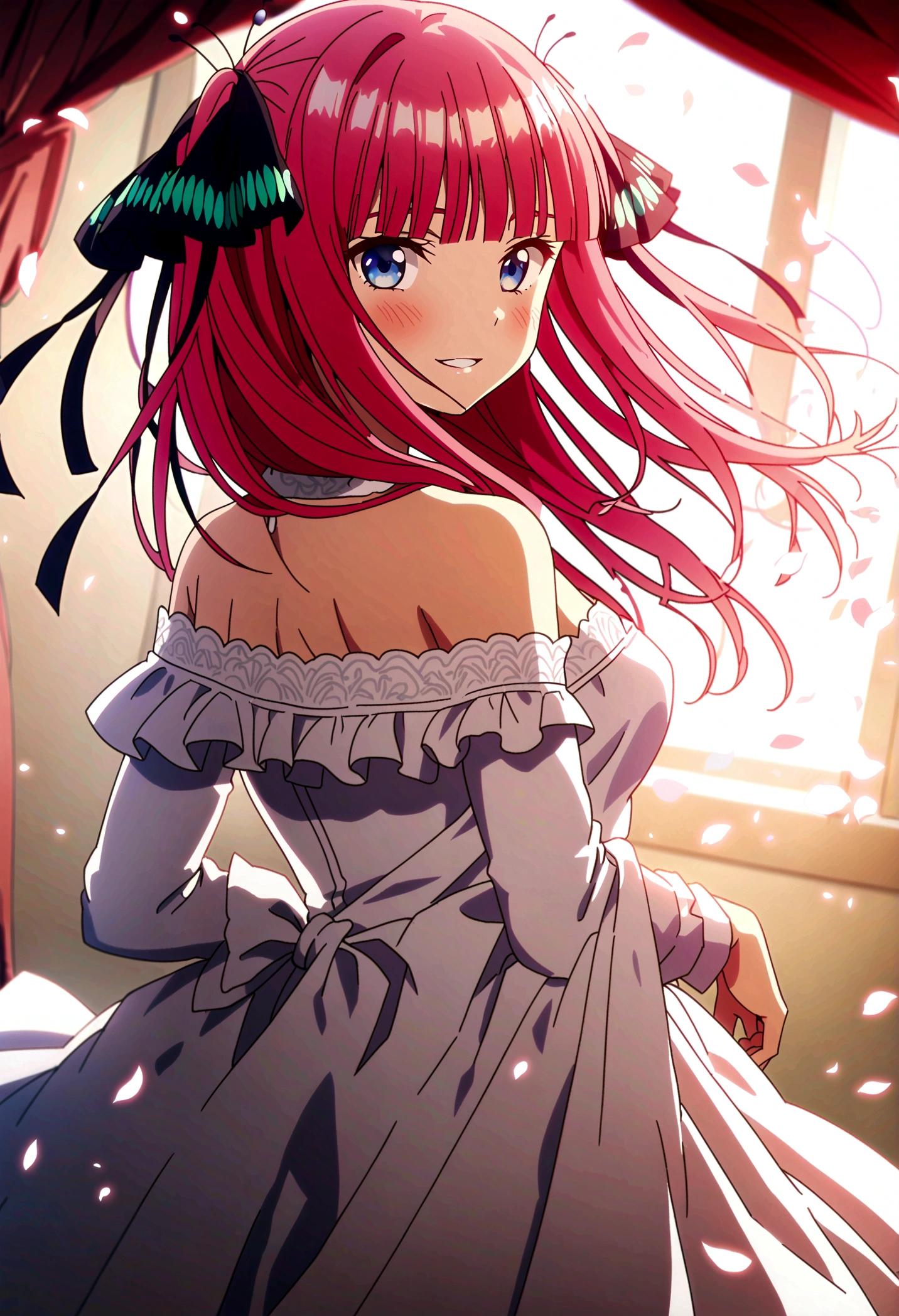 {(nakano nino)},((masterpiece)), (((best quality))),((ultra-detailed)), ((illustration)),(extremely detailed CG unity 8k wallpaper), (dramatic angle), (cinematic lighting), ((disheveled hair)), ((frills)), (1 girl), (solo),(nsfw),bangs, black ribbon, blue eyes, blunt bangs, blush, bow, bridal gauntlets, bride, butterfly hair ornament, clothes lift, clothes pull, clothing, curtains, dress, dress lift, dress pull, female, flower, footwear, from behind, hair flower, hair ornament, high heels, jewelry, looking at viewer, looking back, necklace, off shoulder, parted lips, petals, pink hair, raised eyebrows, ribbon, rose, shoes, smile, tied hair, twintails, wedding dress, white bow, white dress, white footwear, window,