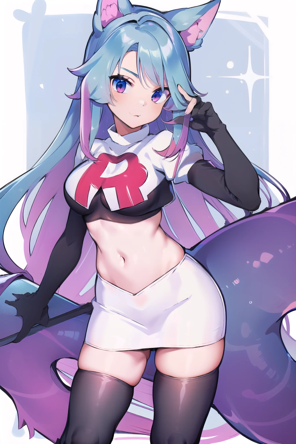 pixel-Silvervale 1girl, team rocket,team rocket uniform,white skirt,red letter R,crop top,black thigh-highs,black elbow gloves, masterpiece, best quality