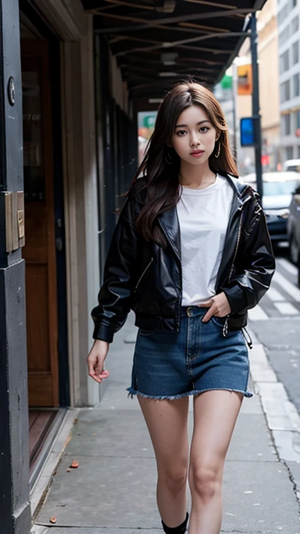 Light blue denim shorts with a black short leather jacket,Wear a black tube top,Paired with black Martin boots and personalized sunglasses。
Loose white T-shirt tucked into black leather skirt,Wear a khaki long trench coat,Feet on black sneakers,