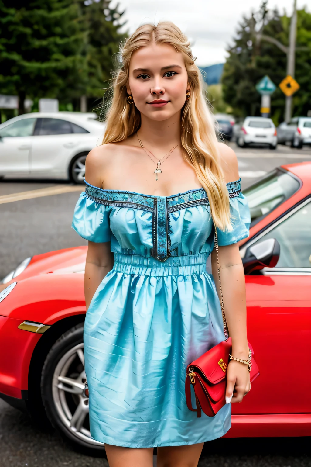 18 year old nordic woman,blonde hair,blue eyes,expensive european chic dress,standing,detailed jewelry,various accessories,expensive handbag,red porsche nearby,small pacific northwest town main road,photorealistic,high quality,intricate details,masterpiece