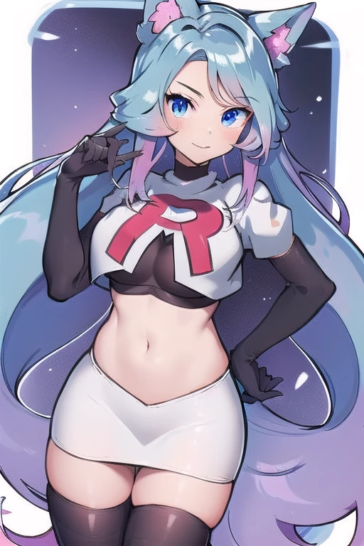 pixel-Silvervale 1girl, team rocket,team rocket uniform,white skirt,red letter R,crop top,black thigh-highs,black elbow gloves, masterpiece, best quality