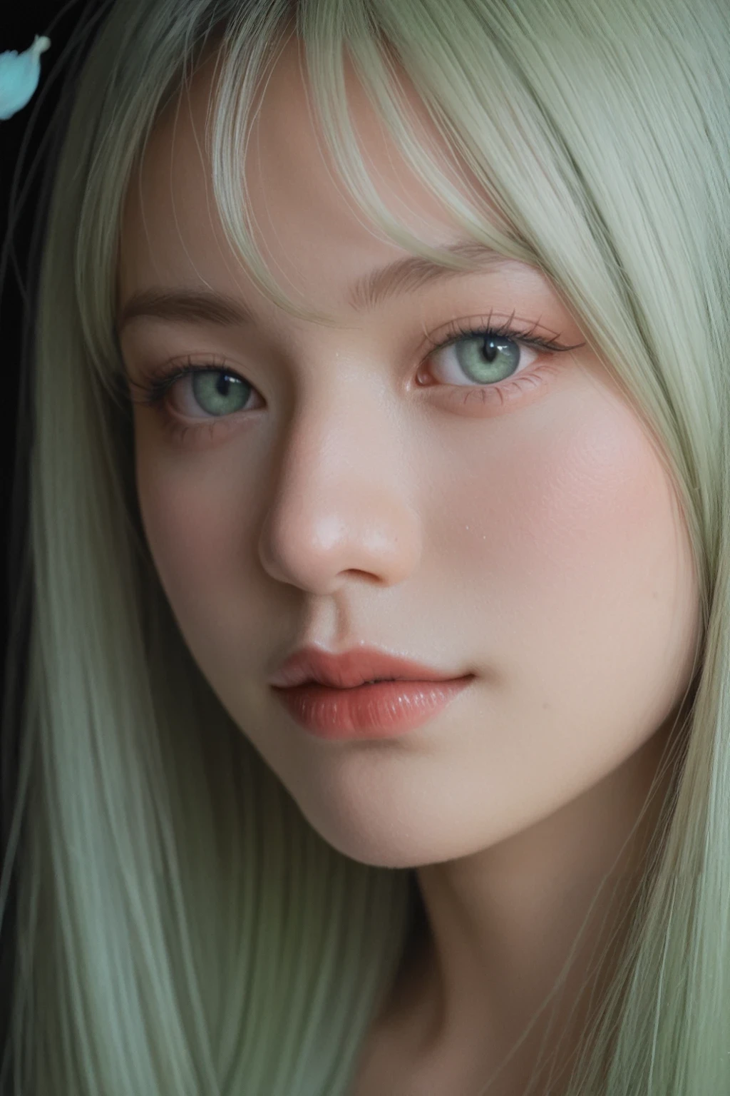 score_9, score_8_up, score_7_up, BREAK,
realistic, Girl's profile picture, light green long hair with bangs, light blue petals on cheeks, realistic skin texture, detailed picture, close-up, HD32k