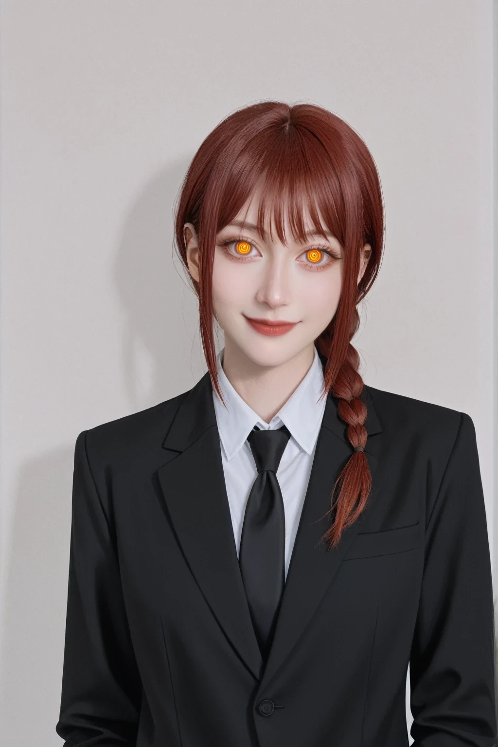 score_9, score_8_up, score_7_up, BREAK,
i want the whole image to be created in relistic style, 1girl, solo, long hair, looking at viewer, smile, bangs, shirt, long sleeves, jacket, yellow eyes, white shirt, upper body, braid, sidelocks, red hair, necktie, collared shirt, nail polish, black jacket, orange eyes, glowing, formal, suit, black nails, glowing eyes, black necktie, braided ponytail, ringed eyes, business suit, makima (chainsaw man)