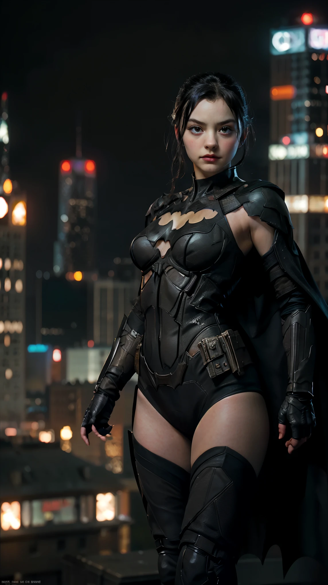 ((masterpiece, highest quality, High resolution, Realistic, to be born, 8k wallpaper)), (Standing in honor　shot）,A threatening posture with the body facing the camera, Very hot and sexy, Amazing beauty, Perfect balance, Beautiful body, Slim body beauty: 1.4), Batman standing on a rooftop overlooking the city skyline at night, Gotham city background, nighttime in Gotham city, Gotham city, From the movie Batman, Gotham city double exposure, Gotham city style, Batman film still, metropolis filmic Gotham city, Cyberpunk Batman, Batman movie stills, Batman movie still cinematic, Gotham setting, Batman, Gotham,