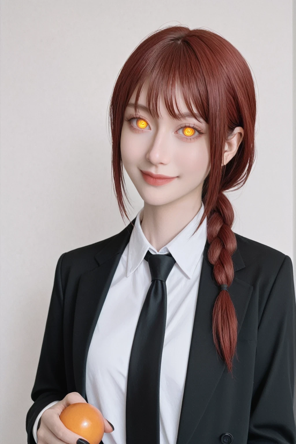 score_9, score_8_up, score_7_up, BREAK,
i want the whole image to be created in relistic style, 1girl, solo, long hair, looking at viewer, smile, bangs, shirt, long sleeves, jacket, yellow eyes, white shirt, upper body, braid, sidelocks, red hair, necktie, collared shirt, nail polish, black jacket, orange eyes, glowing, formal, suit, black nails, glowing eyes, black necktie, braided ponytail, ringed eyes, business suit, makima (chainsaw man)