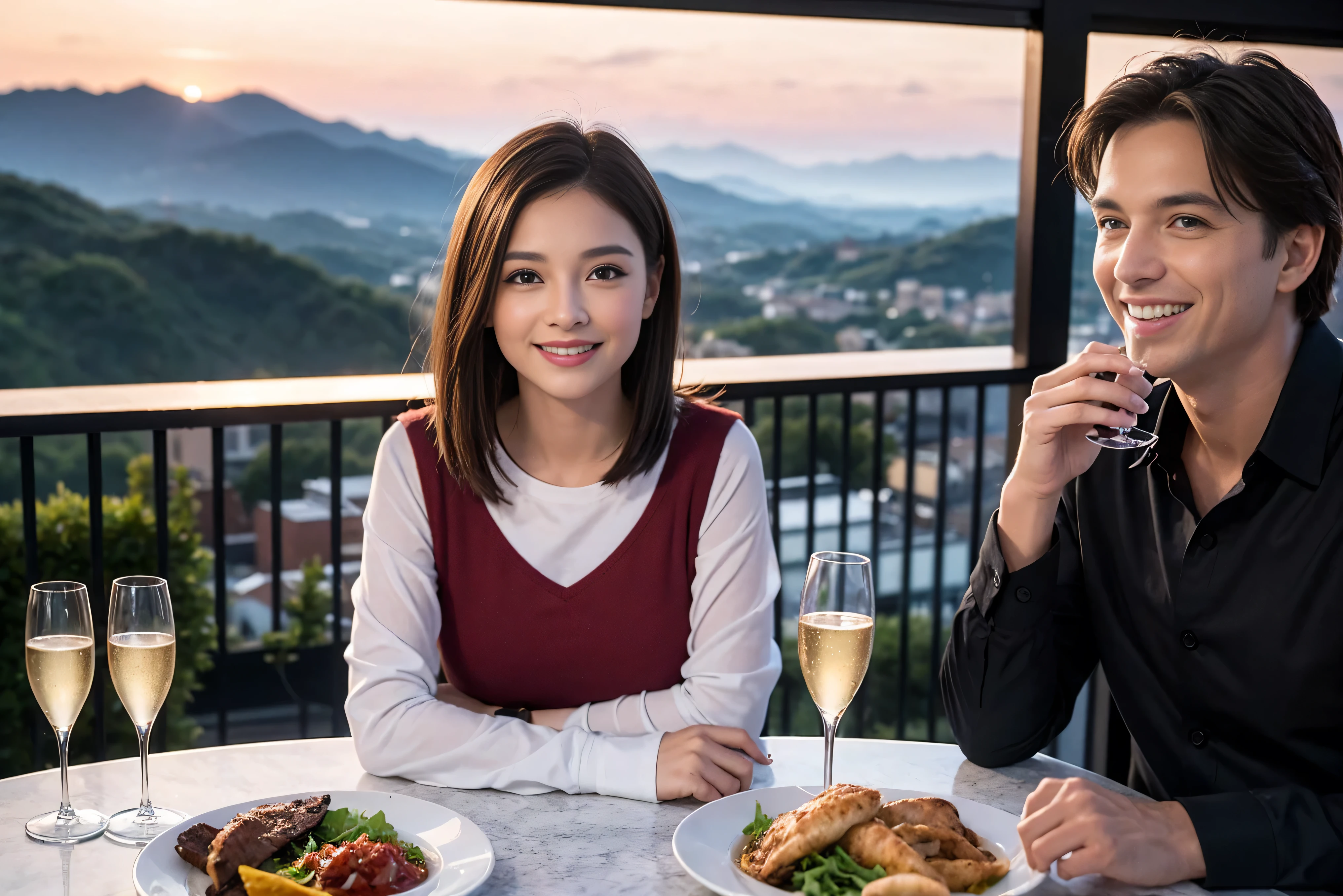 ((highest quality、8k、masterpiece:1.3))、1 male 1 female、spouse、Beautiful couple、smile、 (Slim face), (the body is スリム), (Brown Hair), (Shortcuts), ((Bob Hale、Straight hair:1.2)), Wine glass on the table、Please shine a light on my face、 Amazing view of the sunset sky and clouds、Amazing mountain views、The beauty of a smile、Bright image、Blushing, Shortcuts,Bright Face、 (42 years old), 39 years old, red wine 、Appetizers、Italian food、Wine bottle、Champagne、sparkling wine、Long sleeve shirt、dress、Attractive beauty、restaurant, Nova Frog Style, actress, model, Upper Body, White wine, red wine, wine glass,