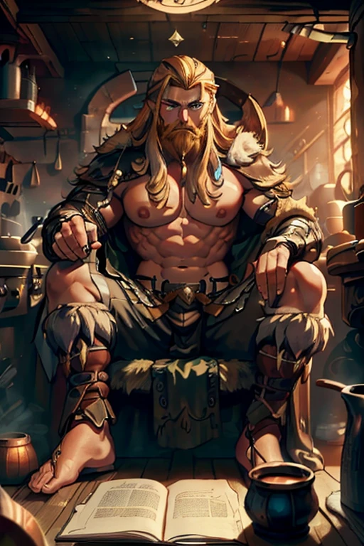 A muscular blond haired man with blue eyes with long hair and a dark beard in a Viking outfit is sitting on a throne in a Viking's castle