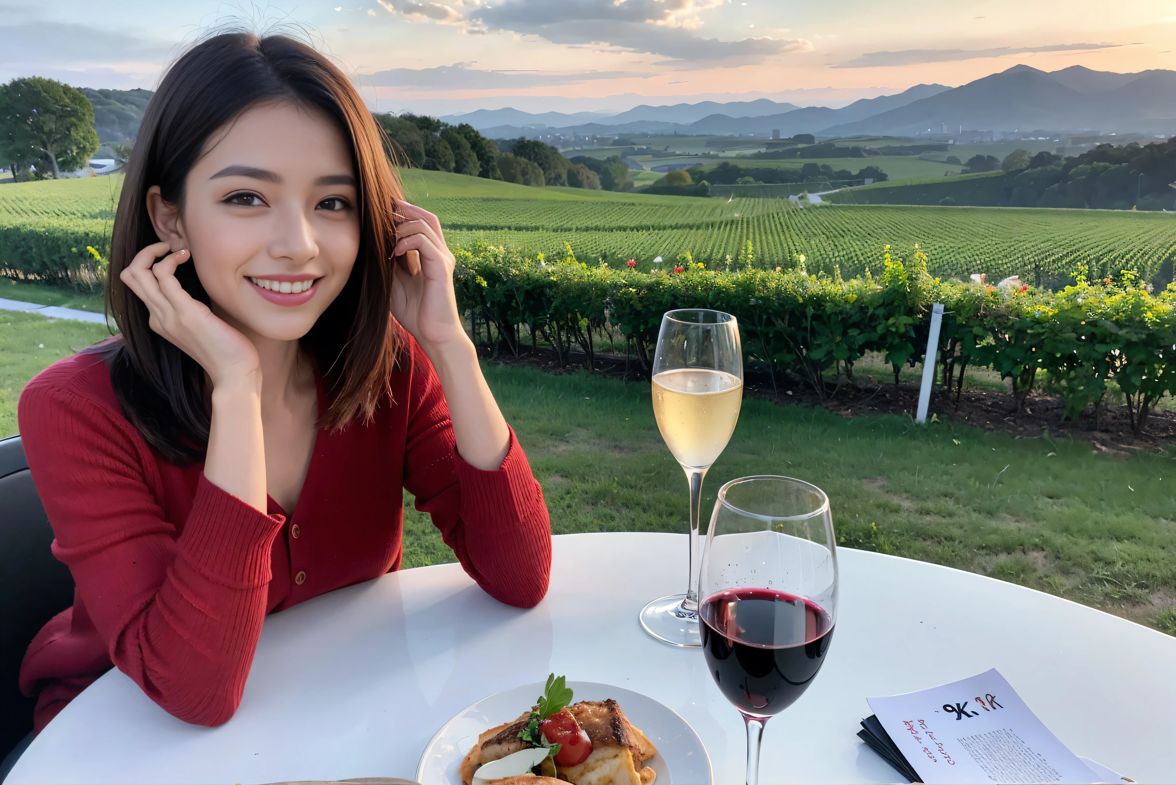 （Realistic:1.1）,(masterpiece,Highest quality)，8k,(40 years old), 42 years old, slimカップル、Model Couple、actress/actor、Tight waist,Upper Body,full-course dinner、wine 、Amazing view of the sunset sky and clouds、Perfect Anatomy, Brown Hair, short hair,Random Hairstyles,((Highly detailed face and eyes:1.2))(cute顔:1.4)，美しいactressの顔，Perfect golden ratio face，Long sleeve shirt、dress,(smile:1.2)、Shortcuts、cute、(Realistic, Intricate details:1.2), A bright smile、short hair,Bright Face、赤wine 、Appetizers、Italian food、wine bottle、Champagne、スパークリングwine、(slimな顔), (The body is slim), (Brown Hair), (Shortcuts),  Upper Body, 白wine, slim, wineグラス, 