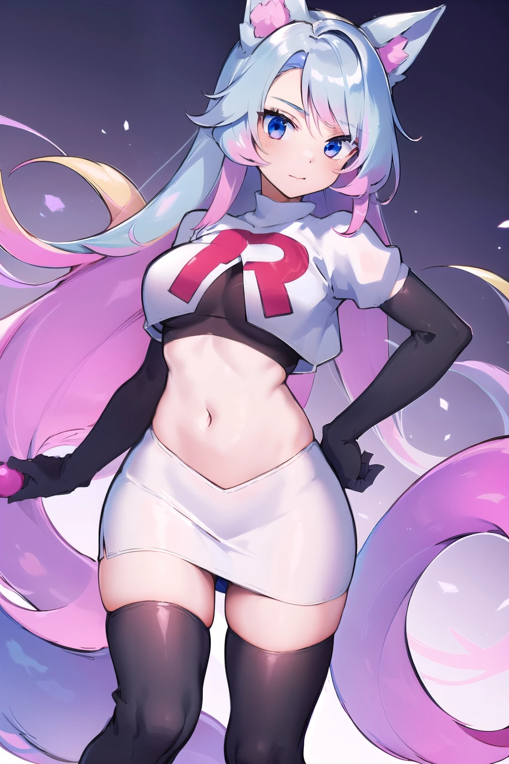 pixel-Silvervale 1girl, team rocket,team rocket uniform,white skirt,red letter R,crop top,black thigh-highs,black elbow gloves, masterpiece, best quality