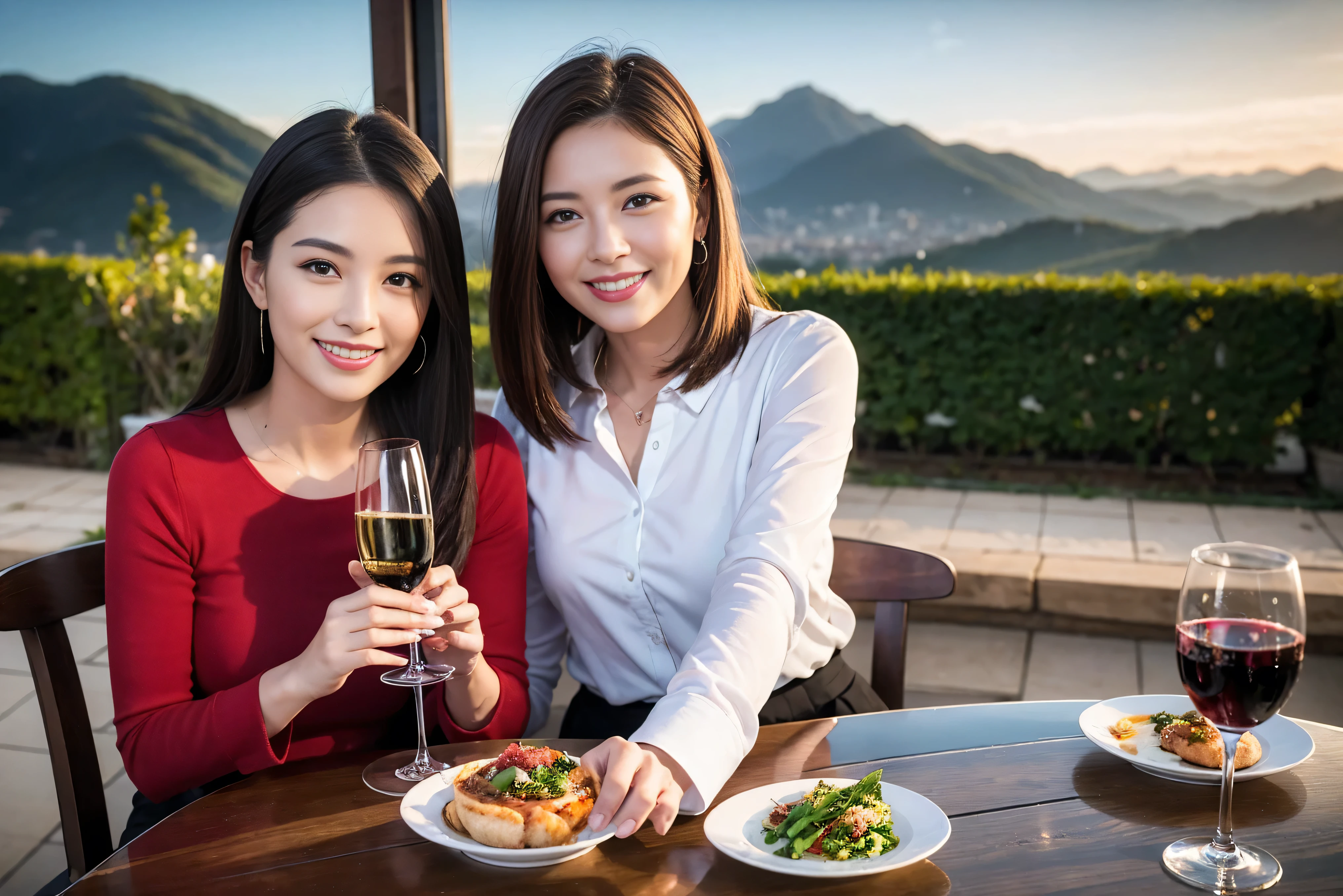 ((highest quality、8k、masterpiece:1.3))、1 male 1 female、spouse、Beautiful couple、smile、 (Slim face), (the body is スリム), (Brown Hair), (Shortcuts), ((Bob Hale、Straight hair:1.2)), Wine glass on the table、Please shine a light on my face、 Amazing view of the sunset sky and clouds、Amazing mountain views、The beauty of a smile、Bright image、Blushing, Shortcuts,Bright Face、 (42 years old), 39 years old, red wine 、Appetizers、Italian food、Wine bottle、Champagne、sparkling wine、Long sleeve shirt、dress、Attractive beauty、restaurant, Nova Frog Style, actress, model, Upper Body, White wine, red wine, wine glass,