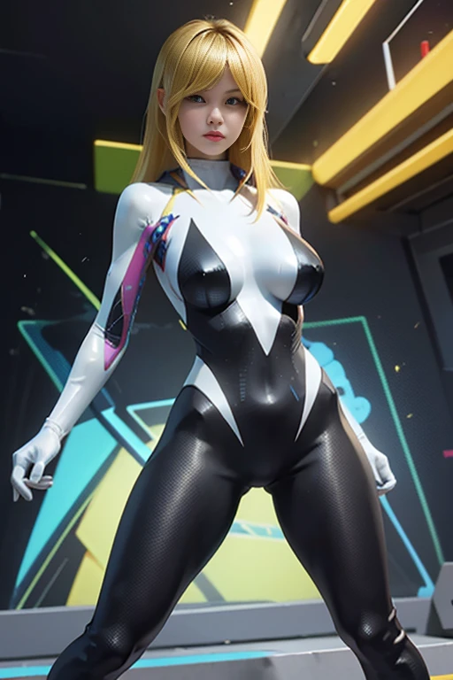 samus aran, simple background,colorfull yellow and blue ,blonde hair,cyberpunk ,thick thigs,thick,ample bosom,front pose,looking in camera,cybernatic torso,full body suit,front pose,