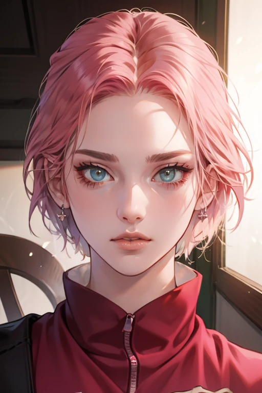 young woman, bubblegum pink hair tied in a bun, wide forehead, porcelain skin, pink eyebrows, emerald green eyes, upturned nose, thick pink lips, heart-shaped face, dark red clothes, Sakura Haruno, realism, well detailed, 3d