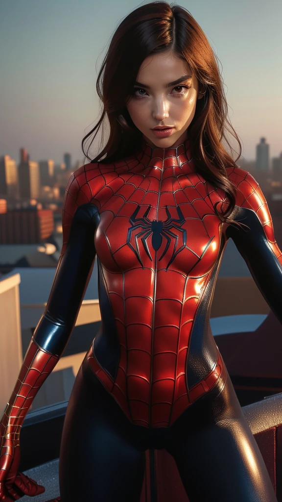 (Spider-Man shiny costume), (((shiny latex suit))), ((Emily Willis)), (((exposed breasts, show nipples))), costume dissolving1.2, bright eyes, ((costume is disappearing from her chest to her vagina)), smile, cameltoe:1.5Beautiful woman detailed defined body, ((spider man cosplay)), small breasts, ((breasts popping out)), thigh gap, (exposed midriff) unzipped, auburn hair, narrow waist, wide hips ((bare chest)), (show nipples) (((location is detailed city rooftop))), time of day is night, the costume is removing ((her bare breasts are exposed)), visible nipples, (toned body)