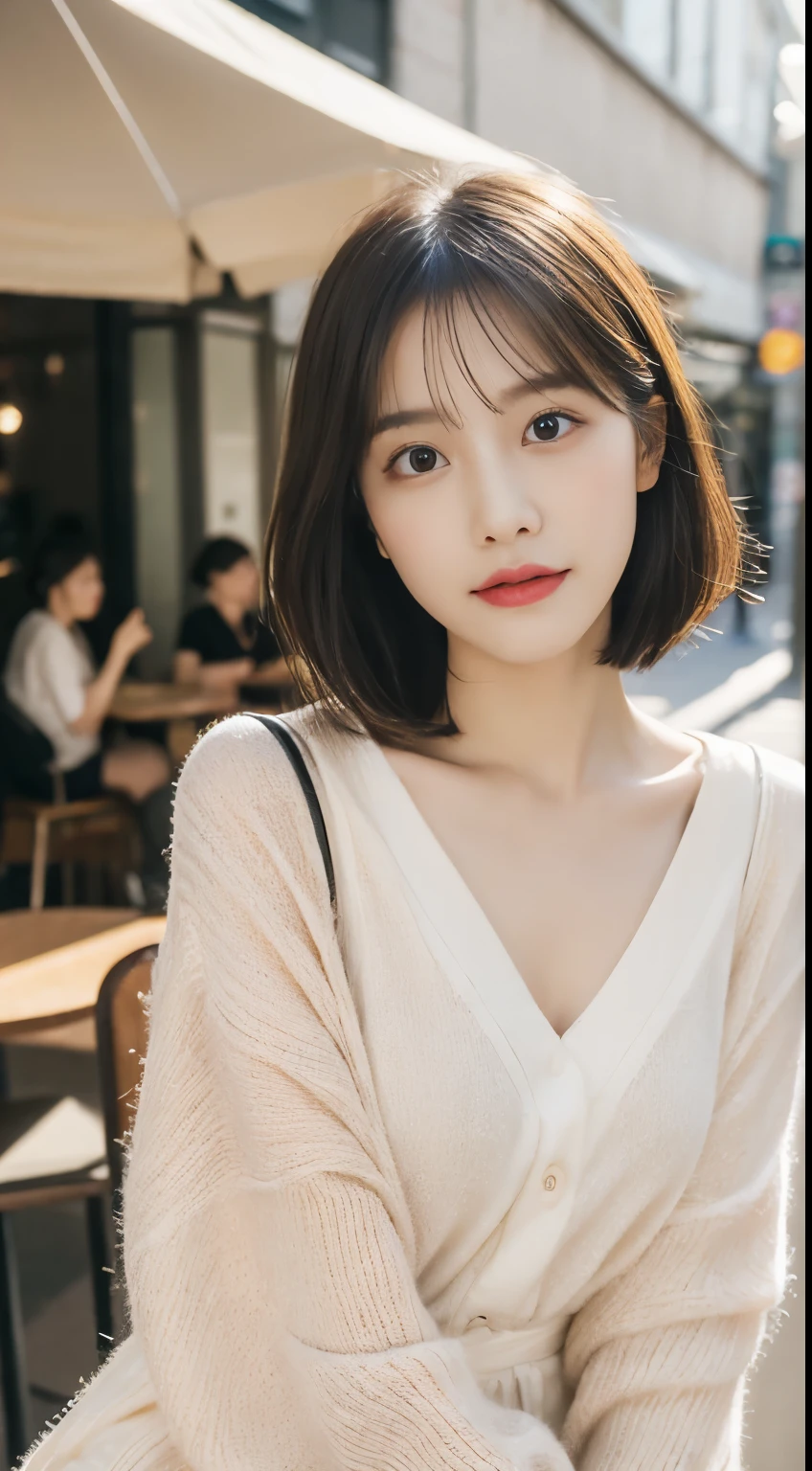 masterpiece,highest quality,Official Art,expensive quality CG Unity 8K wallpaper expensive,Very delicate and beautiful,超expensive resolution,(Realistically:1.4),Golden Hour Lighting,(Ezvian everywhere),(Platinum Short Hair:0.8),(Cute eyes),View your audience,look forward to,笑face, bust,expensive ,masterpiece, highest quality, RAW Photos, Realistically, face, An incredibly absurd resolution, Written boundary depth, expensive resolution, Very detailed, Fine details, Very detailed, Very detailedな目とface, Sharp pupils, Get a clear focus, Cinema Lighting, Idol Style、very cute:1.2、Black-haired、Cafe terrace background, Sitting,