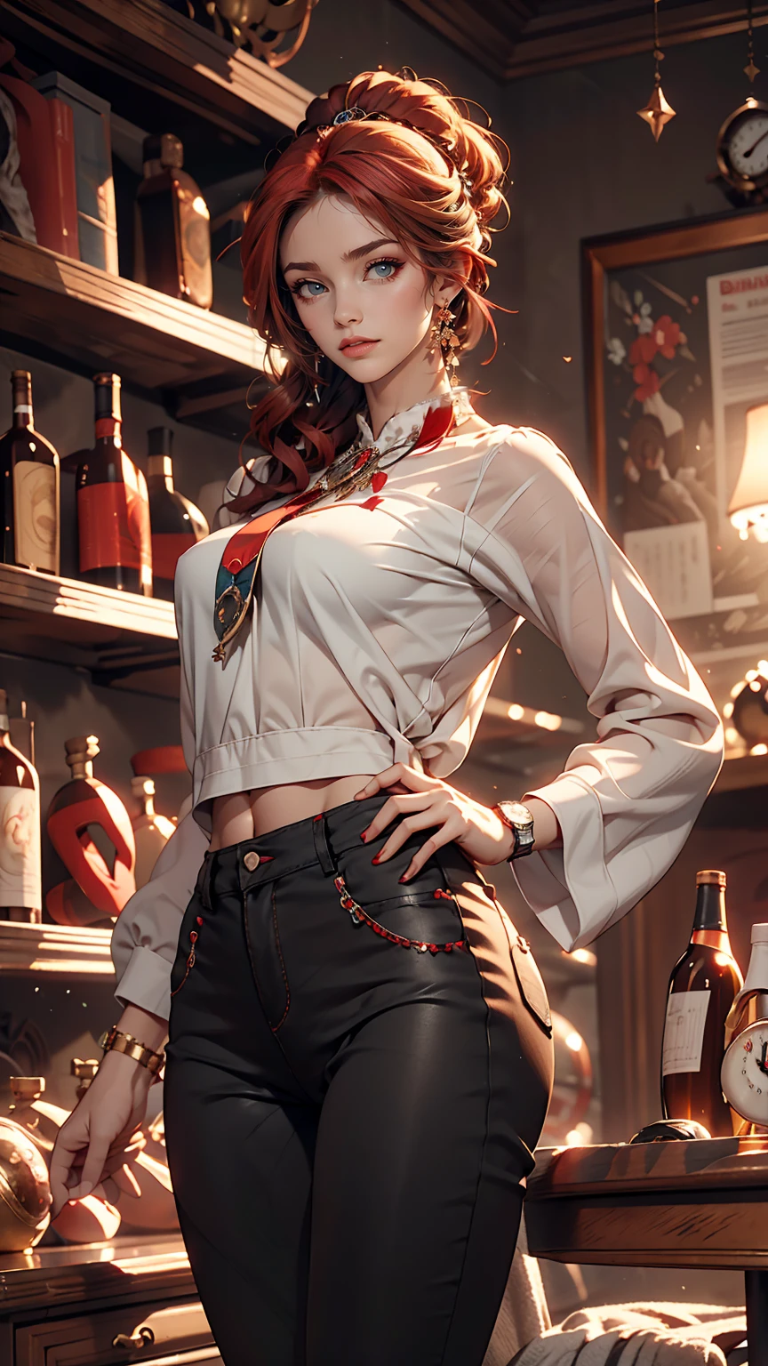 Blue delicate eyes, Embarrassing, Blushing、Red hair、White woman、Sexy proportions、Wear a clock top、Wear low rise leggings、