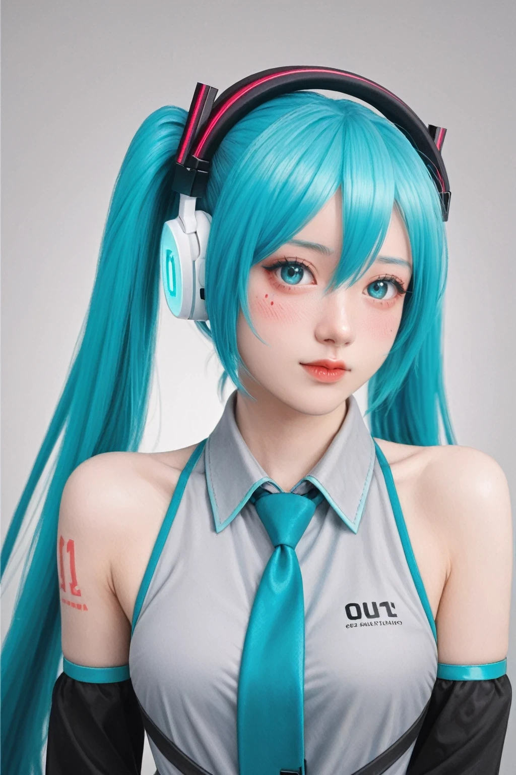 score_9, score_8_up, score_7_up, BREAK,sky, 1girl, aqua eyes, aqua hair, aqua nails, aqua necktie, bare shoulders, black sleeves, blue nails, blush, detached sleeves, fingers together, flying sweatdrops, gradient, gradient background, grey background, hair ornament, hatsune miku, headphones, headset, long hair, looking at viewer, nail polish, necktie, nervous, number tattoo, shirt, shoulder tattoo, sleeveless, solo, tattoo, twintails, upper body, very long hair,