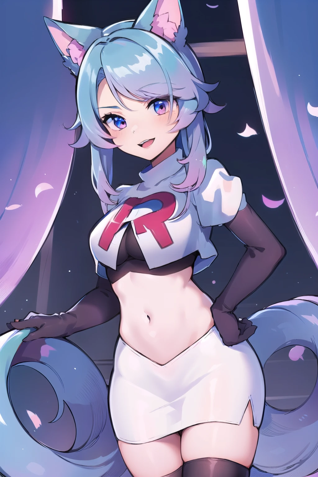 pixel-Silvervale 1girl, team rocket,team rocket uniform,white skirt,red letter R,crop top,black thigh-highs,black elbow gloves, masterpiece, best quality