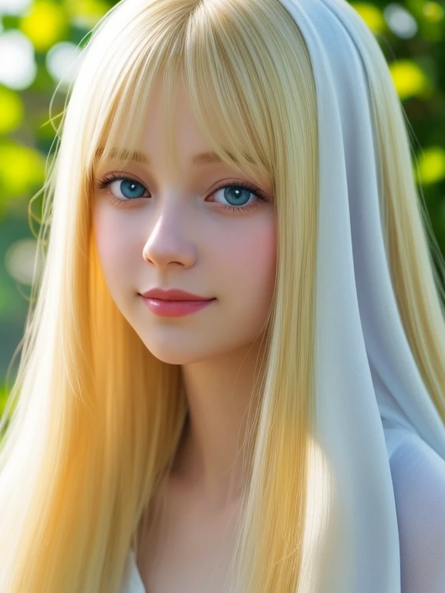 (looking away:1.2), Realistic digital painting of a woman portrait, Shy, Cute Smile, blue eyes, (medium Hair:1.1), bangs, (Soft silky Blonde Hair:1.3), (Highly detailed skin:1.2), Mystical style, Global Illumination,