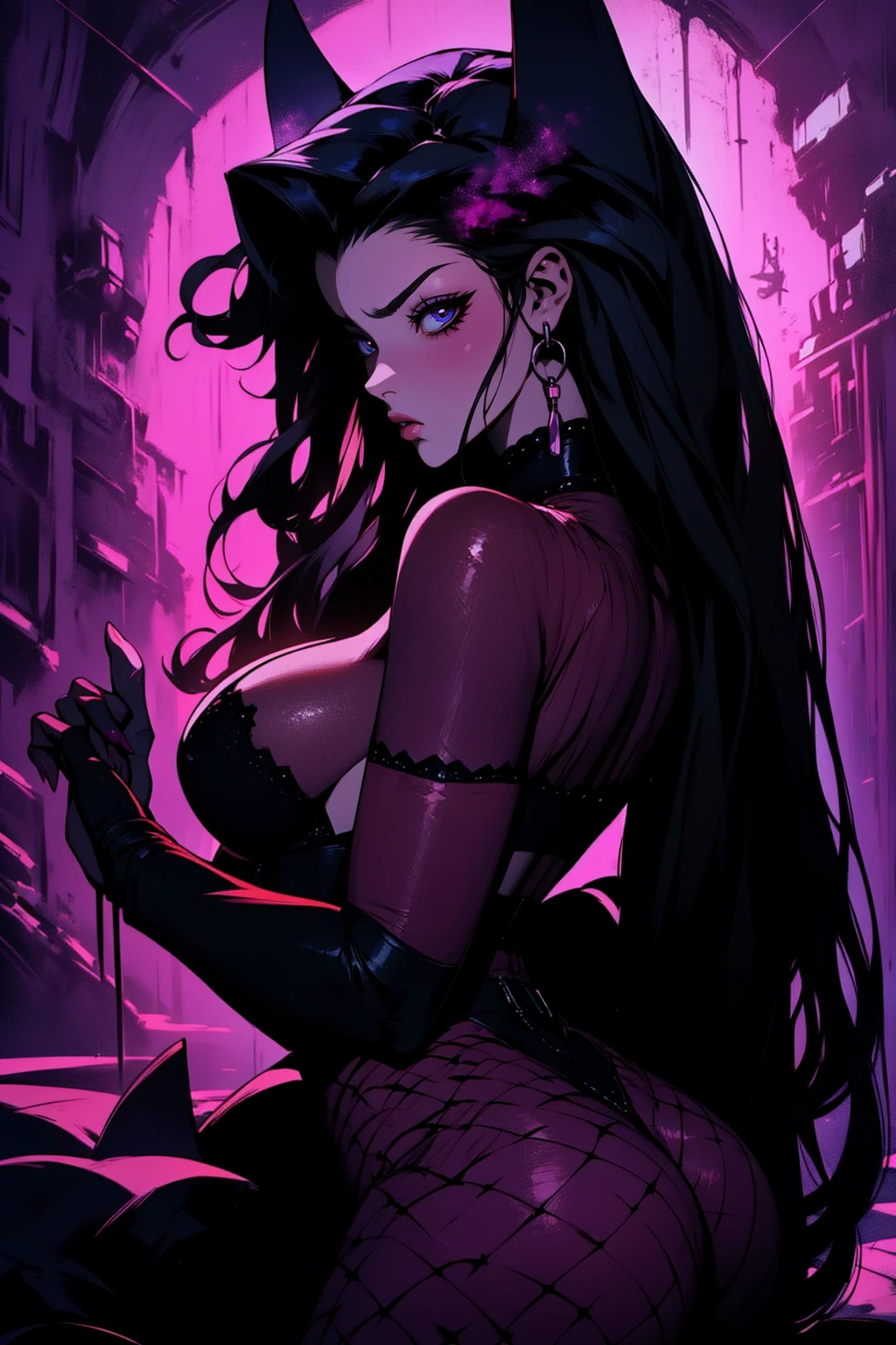 {-erro_de_anatomia:1.0} (best quality,4k,8k,highres,masterpiece:1.2) (masterpiece, top quality, best quality, official art, beautiful and aesthetic: 1.2), (1 woman: 1.3) Succubus girl, long black hair , magenta eyes, (crystal eyes) succubus wings, magenta pant, magenta gloves, attractive, moonlight, dinamic poses, perfect hands (perfect fingers), angry face, dinamicc poses, backwards, looking back