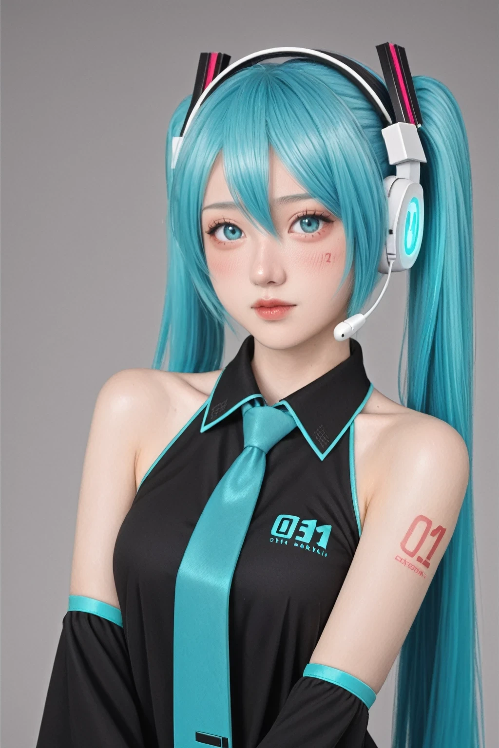 score_9, score_8_up, score_7_up, BREAK,sky, 1girl, aqua eyes, aqua hair, aqua nails, aqua necktie, bare shoulders, black sleeves, blue nails, blush, detached sleeves, fingers together, flying sweatdrops, gradient, gradient background, grey background, hair ornament, hatsune miku, headphones, headset, long hair, looking at viewer, nail polish, necktie, nervous, number tattoo, shirt, shoulder tattoo, sleeveless, solo, tattoo, twintails, upper body, very long hair,