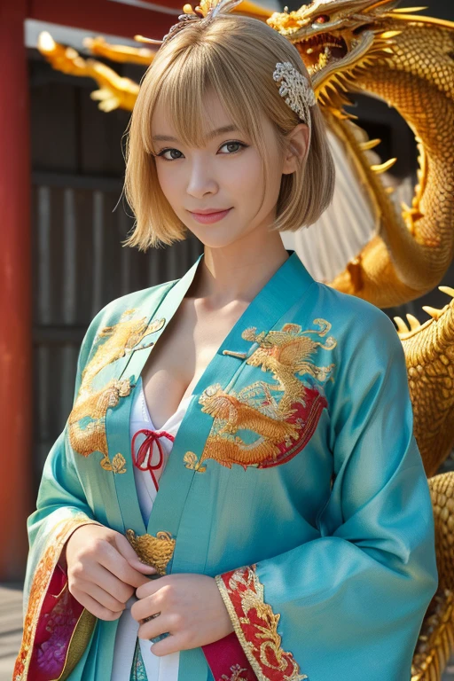 ((((masterpiece, Highest quality, High resolution)))), Extremely detailed 8K, スリムな体を持つsexyな美しい日本の十代の, (Ultra HD, Very detailed, Very detailed, Very realistic, Ultra-realistic, Photo Real), (One person:1.5), Blonde, Like a short bob cut, (Dynamic pose), To the camera, A light smile, (Huge breasts: 1.2), (Beautifully detailed face, Beautiful attention to detail), Anatomically correct hand structure, Anatomically correct finger structure,(長くてsexyな光沢のあるシルクのシースルーの日本の巫女の衣装,Golden dragon embroidery:1.5), (The front buttons of the Japanese shrine maiden's outfit are not fastened.、The chest area is wide open:1.5), Shine, Sweat, (Light of the sun, sunlight),(topless), sexyな長い脚, naked,Exposed breasts,sexy, blush,Looking up at the sky, (Wide々The royal gardens:1.2), Ultra-realisticなWide大な風景, photogenic scenery, spotlight on face、Camel Toe、Giant tit、Nipple Puffs、Cleavage、Plump、Super big breasts、Super big butt、Bubble butt