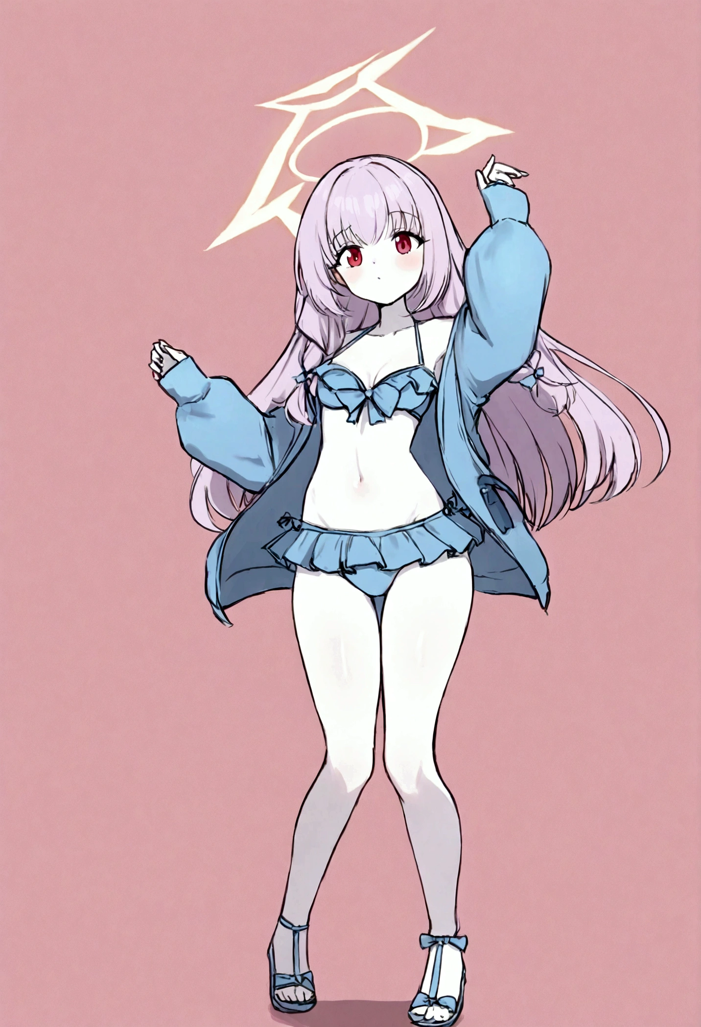 1girl, full body, atsuko (blue archive), (X-shaped halo), light lavender hair, red eyes without highlight, pale skin, swimsuit, BAPV, pink thema, yellow thema, blue thema, red thema, gray thema, atsukodef, atsukornd, atsukounder,