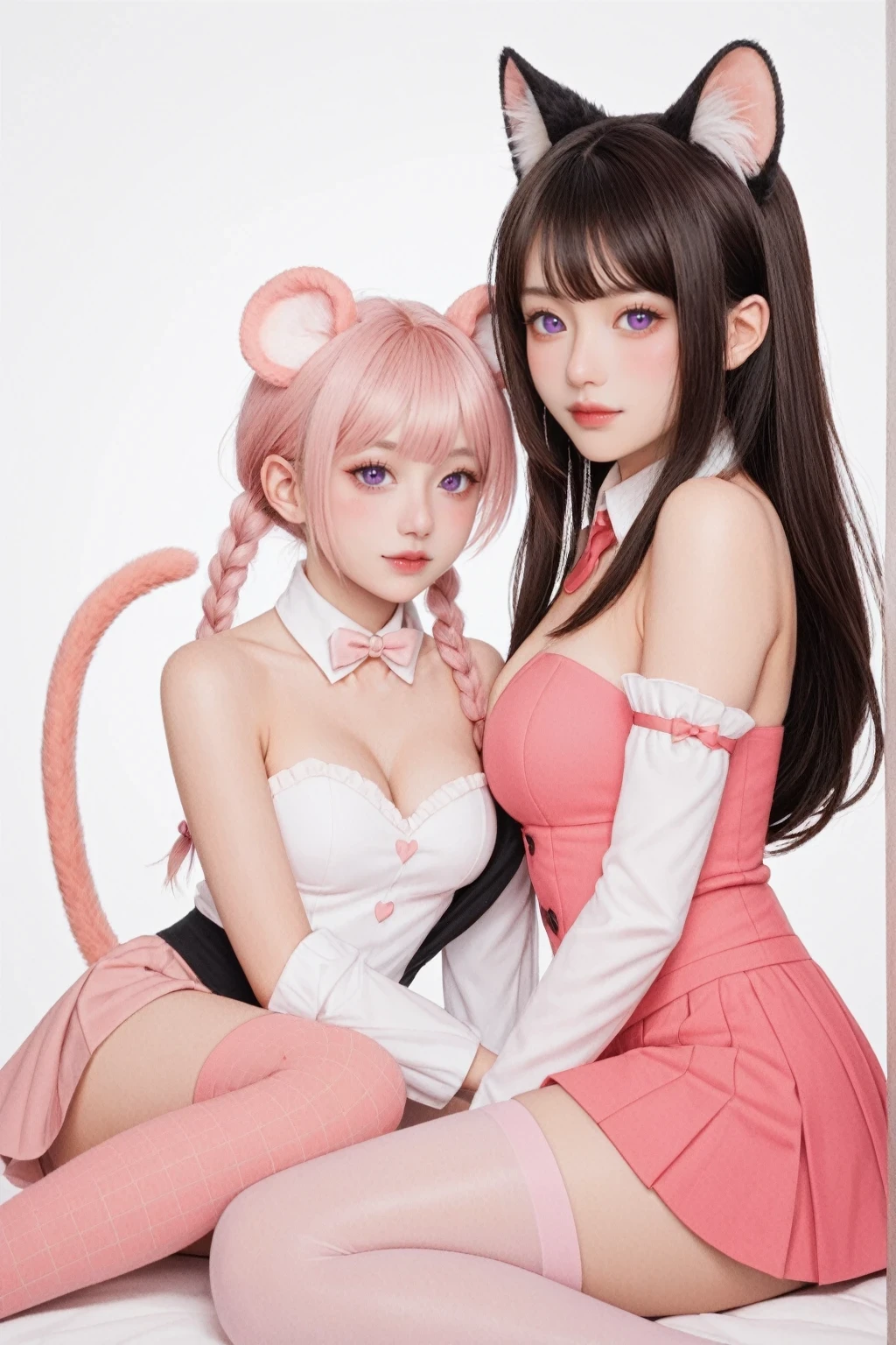 score_9, score_8_up, score_7_up, BREAK, sky, 2girls, animal ears, bangs, bare shoulders, black hair, blush, braid, breasts, brown hair, cat ears, cat tail, closed mouth, detached collar, detached sleeves, heart, long hair, mouse tail, multiple girls, pink hair, pink legwear, pink skirt, purple eyes, simple background, sitting, skirt, strapless, tail, thighhighs, twin braids, twintails, very long hair, white background, 